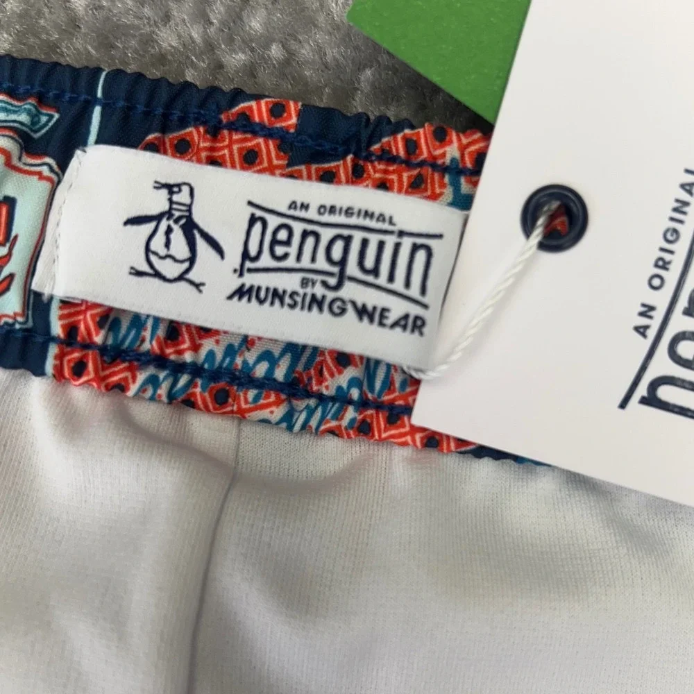 ORIGINAL PENGUIN Men's XL Swim Trunks Postcard Motel Print Blue Beach Shorts NWT